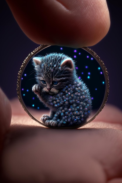 Une petite image d'un chat est tenue par une main.