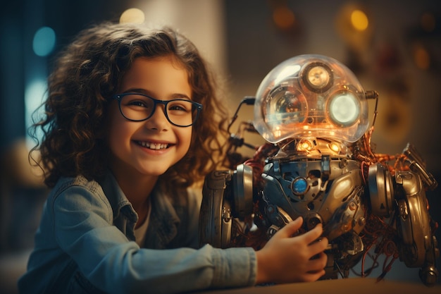 Une petite ingénieure, une fille heureuse et souriante, un enfant avec un petit robot DIY à la main, une IA générative.
