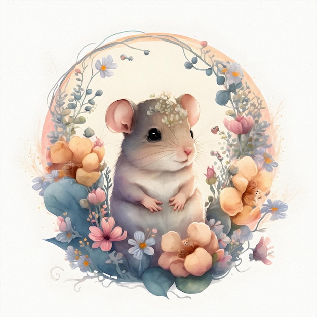 Petite jeune souris est assise dans un champ parmi les fleurs sauvages et l'herbe Illustration aquarelle