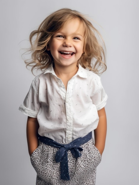 Petite jolie fille modèle souriant se présentant à la caméra en studio lumineux