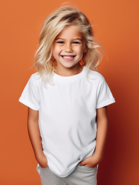 Petite jolie fille modèle souriant se présentant à la caméra en studio lumineux