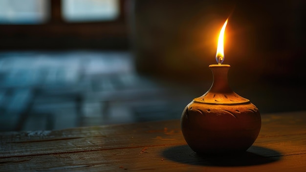Petite lampe en argile avec une flamme sur une surface en bois sur un fond flou
