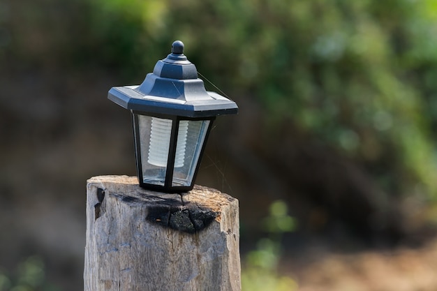 Petite lampe sur bois dans le jardin