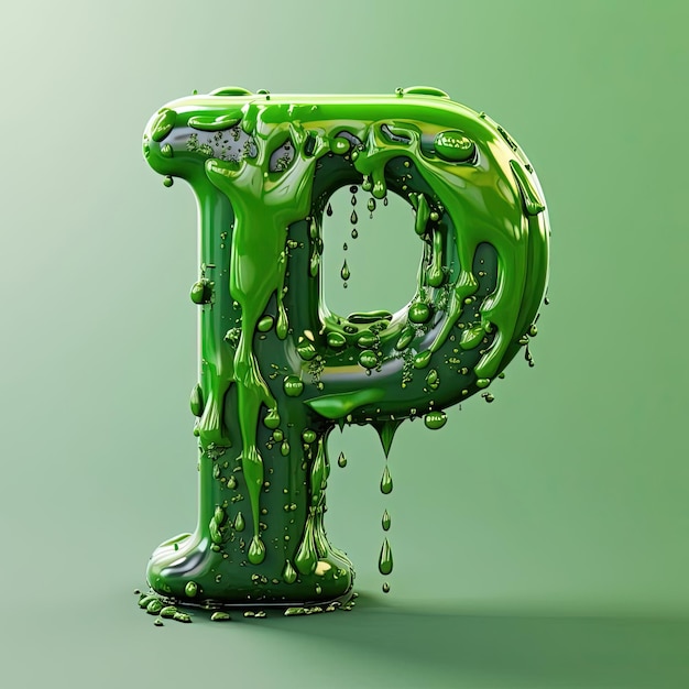 une petite lettre p avec du vert liquide qui tombe dessus dans le style du pop hyperréaliste