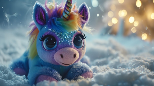 Une petite licorne de jouet allongée dans la neige avec des lumières qui brillent dessus.