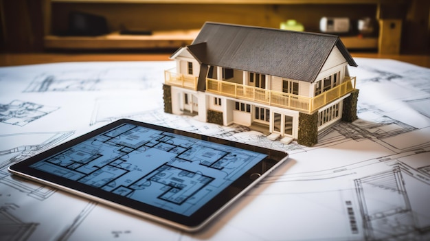 Petite maison 3D avec plan sur l'écran de la tablette numérique et du papier de plan d'étage d'architecture