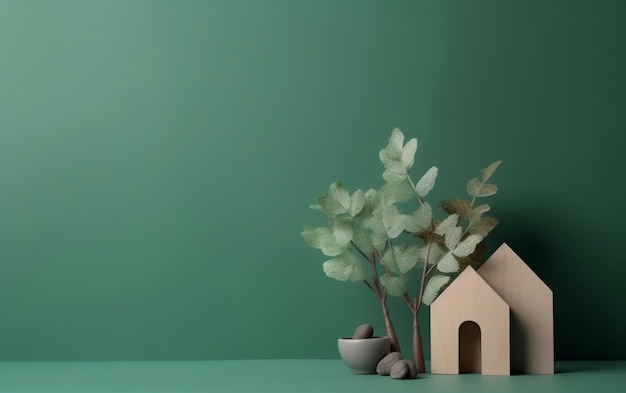 Une petite maison avec un arbre sur fond vert