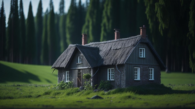 Une petite maison au milieu de la forêt.