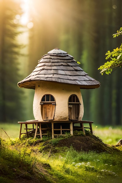 Une petite maison aux champignons avec un toit de chaume est située dans une forêt