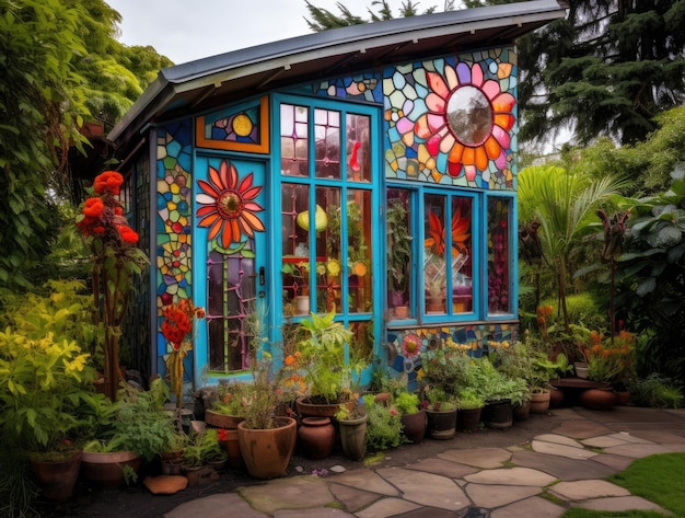 Une petite maison aux vitraux colorés dans un jardin fleuri