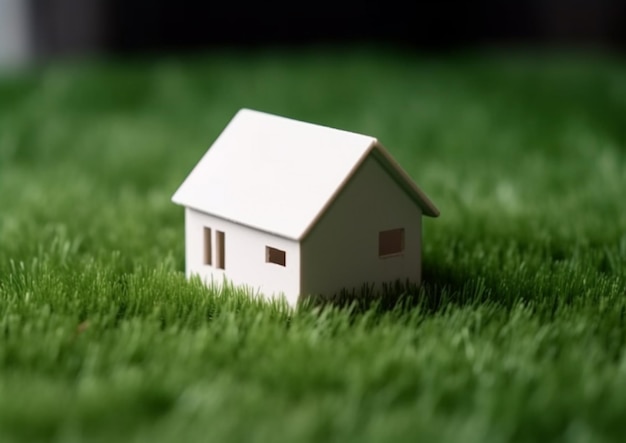 Une petite maison blanche est assise sur l'herbe devant un fond noir.