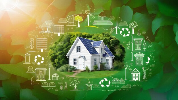 Petite maison blanche sur fond vert avec des icônes de conservation écologique développement écologique t