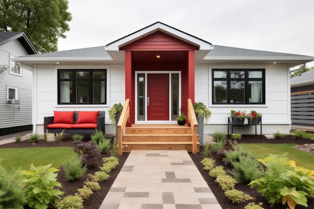 Une petite maison blanche avec une porte et un porche rouges
