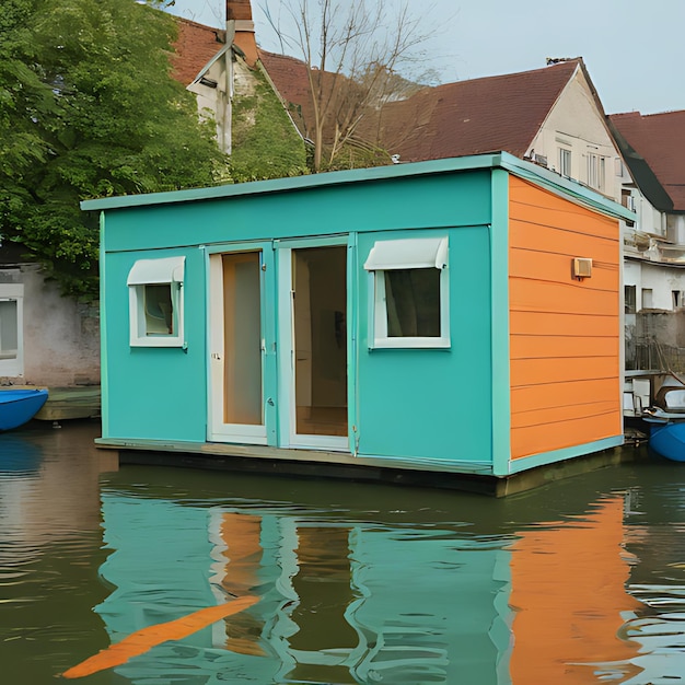 une petite maison bleue avec le numéro 1 sur le devant