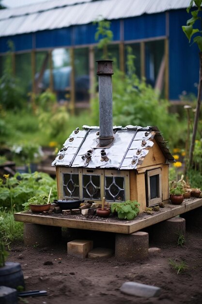 une petite maison en bois avec une cheminée au milieu d'un jardin