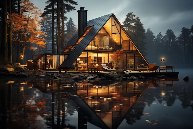 petite maison en bois dans le lac