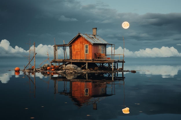 Une petite maison en bois sur l'eau.