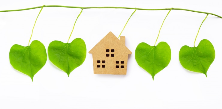 Photo petite maison en bois avec des feuilles vertes en forme de coeur sur blanc