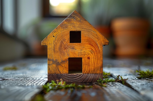 Une petite maison en bois sur une table