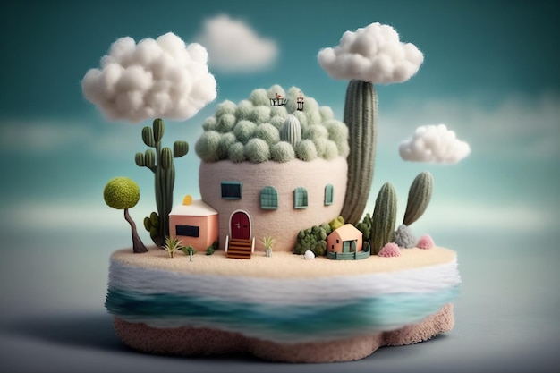 Une petite maison avec un cactus dessus