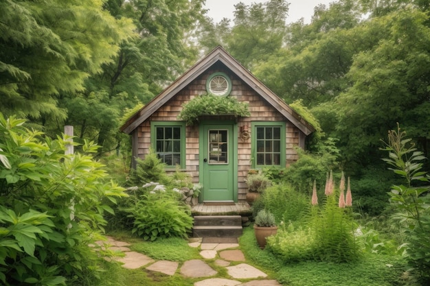 Petite maison à la campagne entourée d'une végétation luxuriante créée avec une IA générative