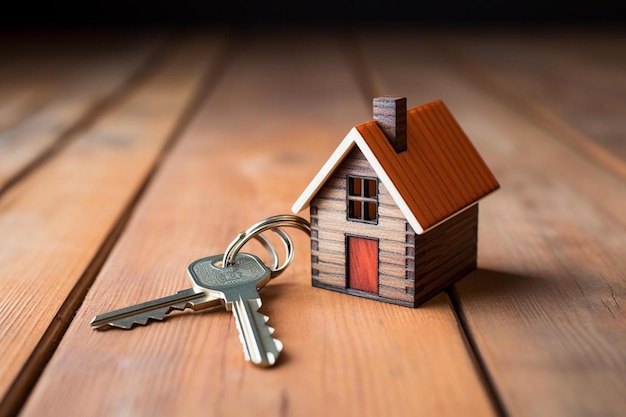 une petite maison avec une clé et des clés sur une table en bois