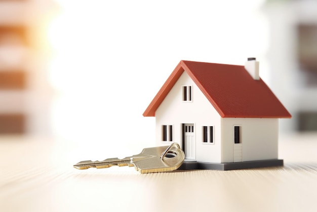 Photo une petite maison avec une clé devant elle symbolisant l'accession à la propriété ou la sécurité