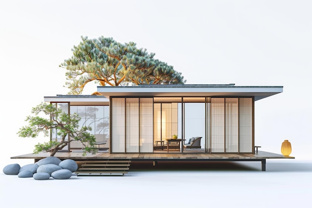 petite maison confortable de style japonais avec un tapis tatami au sol et une porte coulissante de style modèle
