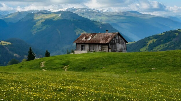 Une petite maison construite sur une colline verte et paisible haut dans les montagnes.