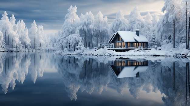 Petite maison couverte de neige en hiver