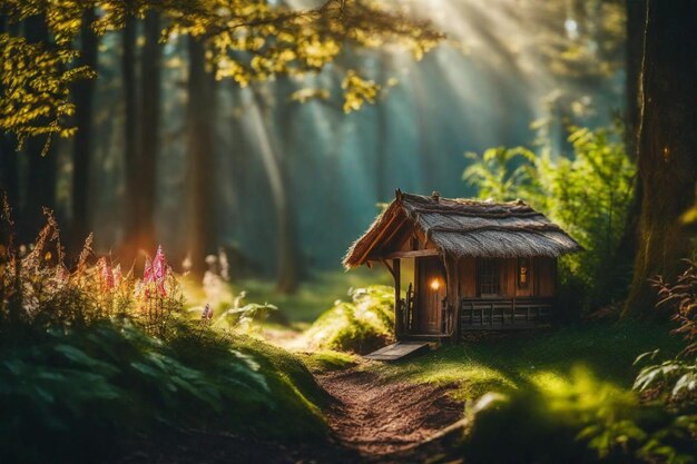 une petite maison dans les bois avec le soleil qui brille à travers les arbres