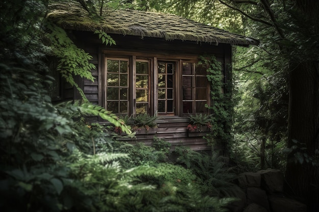 Une petite maison dans les bois avec un toit vert et une fenêtre avec le mot forêt dessus.