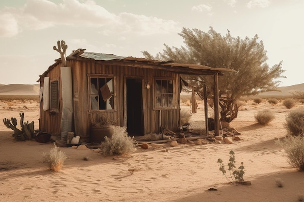 Une petite maison dans le désert avec un paysage désertique en arrière-plan.