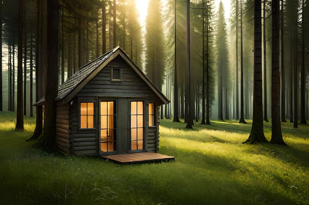 Une petite maison dans une forêt avec les lumières allumées
