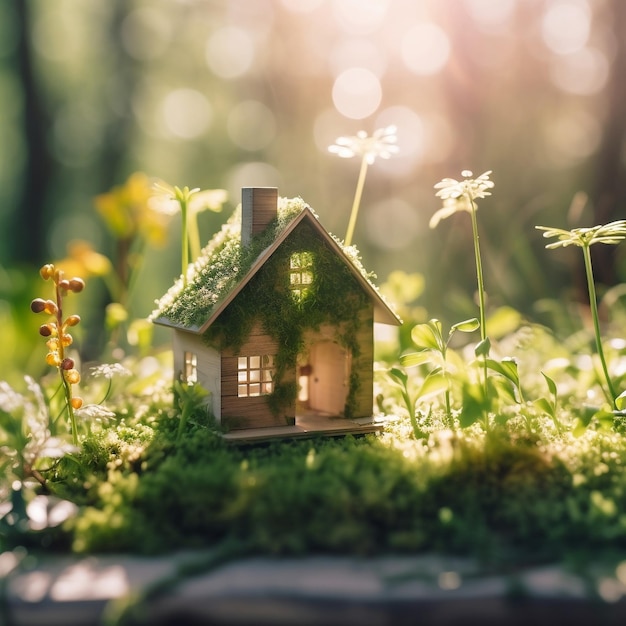 Une petite maison dans une forêt avec de la mousse et des fleurs