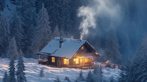 Petite maison dans les montagnes enneigées au milieu de la forêt Cheminée brûlante