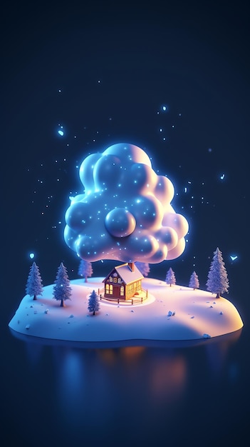 Une petite maison dans un paysage enneigé avec des flocons de neige au sol