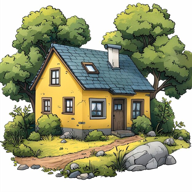 Photo une petite maison de dessin animé jaune entourée d'arbres