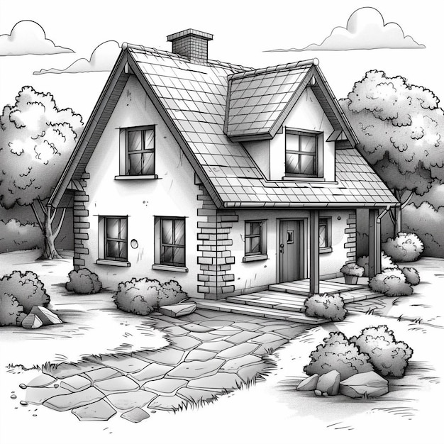 Photo petite maison de dessins animés entourée d'arbres livre de coloriage pour enfants