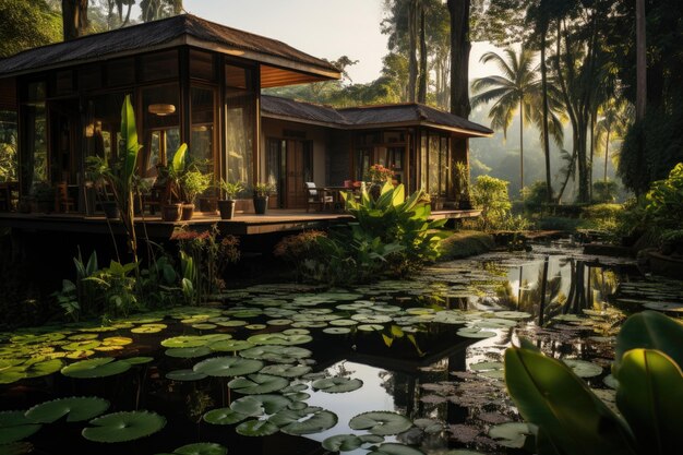 Petite maison entourée de la sérénité des rizières vertes, des étangs de poissons et des jardins de légumes.