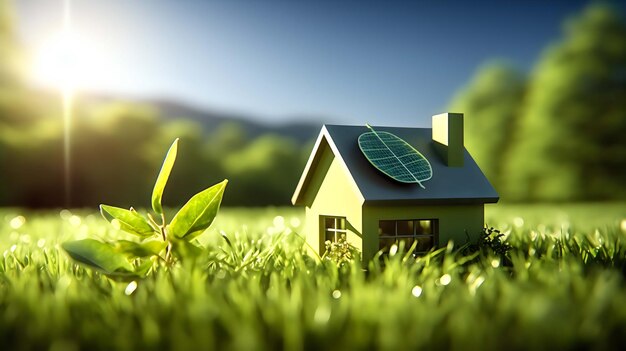 Photo une petite maison est assise dans l'herbe avec le soleil qui brille à travers les feuilles