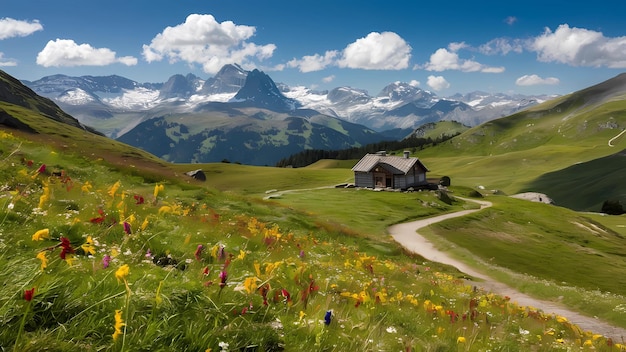 Photo une petite maison est sur une colline avec une montagne en arrière-plan