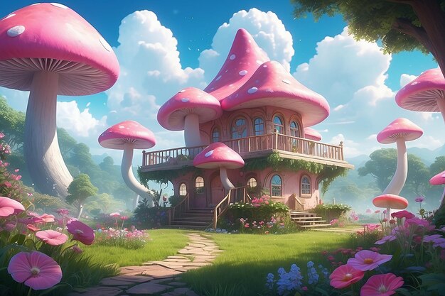 Petite maison fantastique, parapluie de grenouille faite de champignon avec un toit rose au milieu d'une forêt