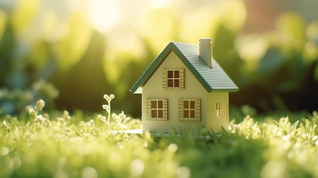 Une petite maison sur l'herbe avec le mot maison dessus