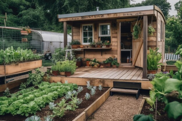 Une petite maison avec un jardin de légumes et des herbes pour cuisiner créée avec de l'IA générative