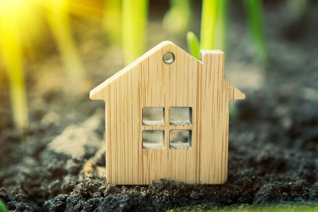 Petite maison de jouet sur fond de plantes comme symbole d'une maison de campagne privée Le concept de l'immobilier dans les hypothèques