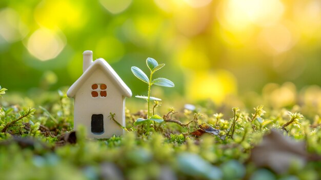 Une petite maison de jouet sur des pousses d'herbe de printemps