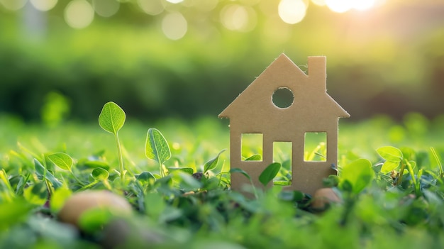 Petite maison modèle de jouet dans un grand champ de prairie d'herbe concept écologique