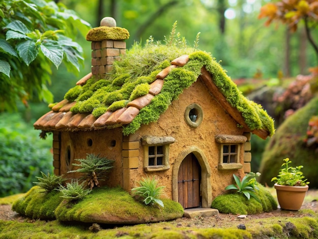 une petite maison modèle avec de la mousse sur le toit et un pot avec une plante au milieu
