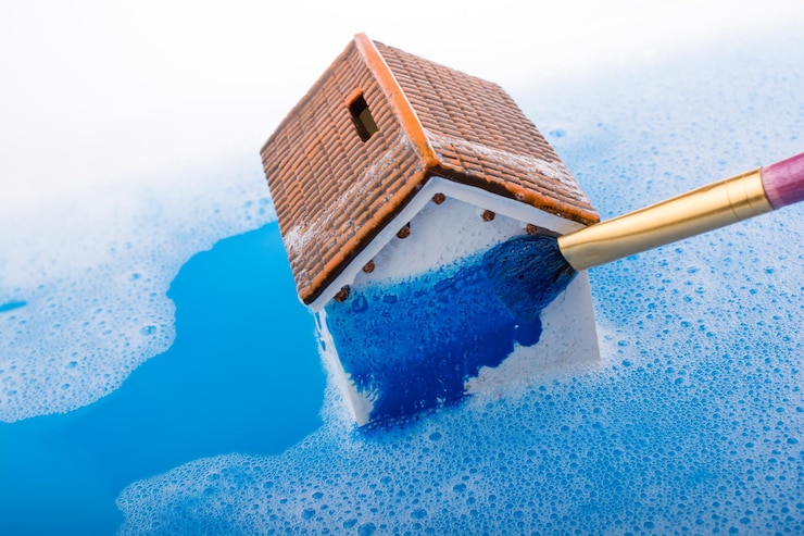 Photo une petite maison modèle et un pinceau de peinture dans de l'eau mousseuse